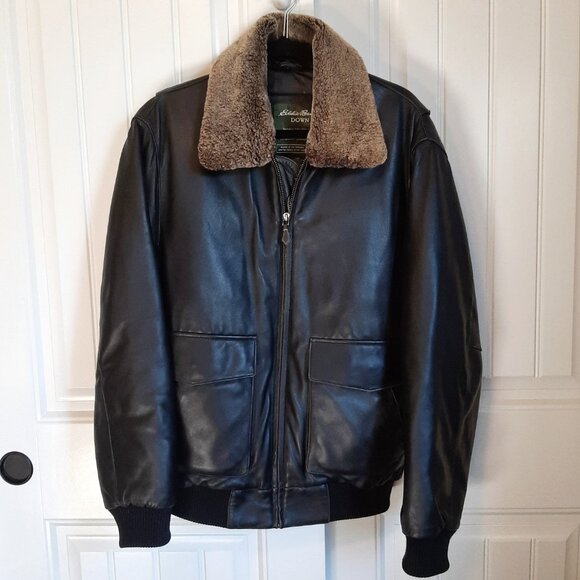 Eddie Bauer Lamb Leather Goose Down Bomber Jacket Removable Fur Collar SZ M - Picture 1 of 16